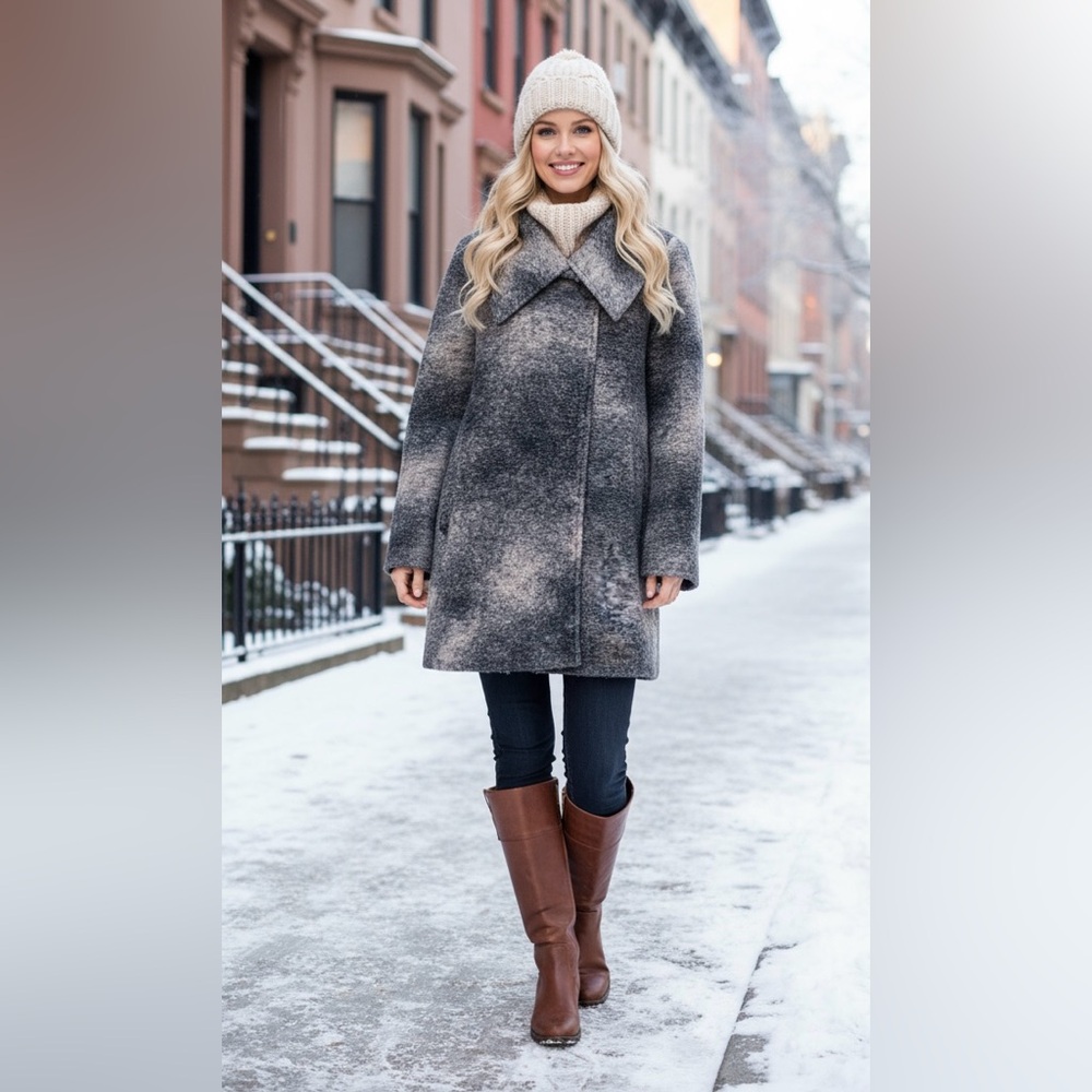 Nanette Lepore Women's Wool Blend Coat Gray Ombre Textured Shawl Collar Sz L